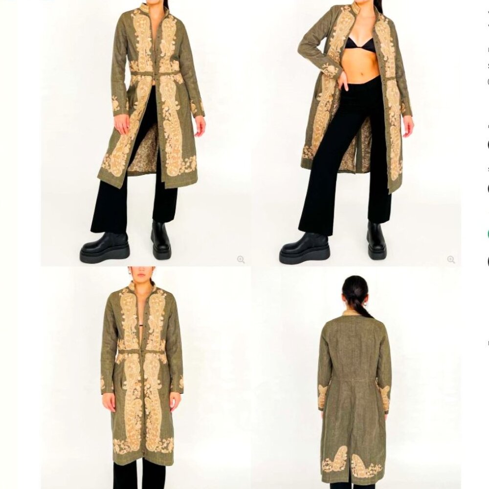 Vintage 90s Designer Flower Embossed Denim Trench Coat 3D Paisley Satin Lined 10 - Picture 5 of 14